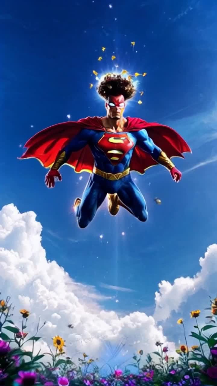 Superman adorned with a whimsical beehive hairstyle buzzing with live bees radiating vibrant colors and energy soaring through the sky glimmering sunlight sparkles around him vast blue skies dotted with fluffy white clouds playful bees dancing in warm summer air as tiny flowers bloom below creating a lively and enchanting atmosphere