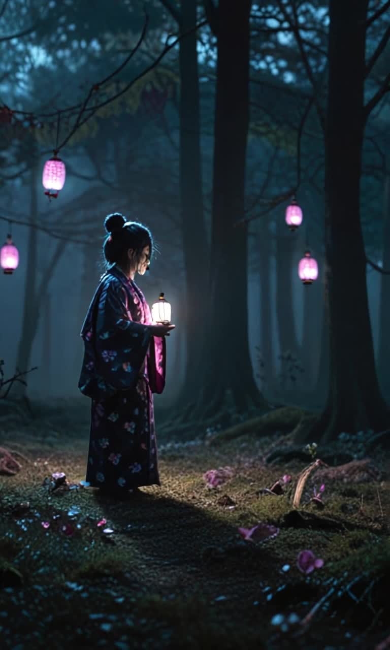 Elegant woman with dark hair adorned in an intricately styled traditional kimono features whimsical eerie designs intertwining florals with dark tones glides gracefully through a surreal forest oversized cherry blossoms loom above twisted trees sway gently floating lanterns cast a soft glow dim lighting enhances high contrast creating a moody atmospheric scene infused with vintage 1980s cinematic nostalgia film grain dances across muted colors mystical ambiance envelops her whimsical presence wrapped in shadows hints of magic fill the air whispering dark secrets throughout the enchanted grove