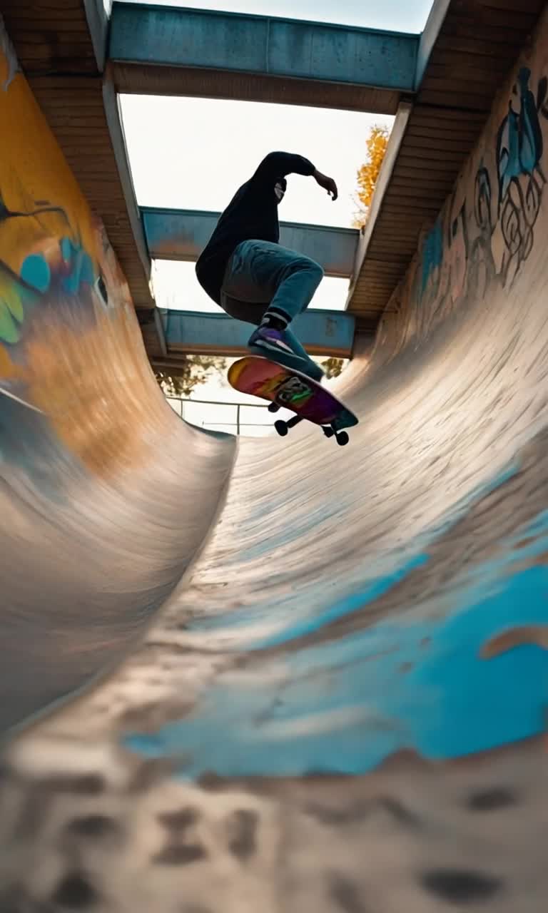 Skateboarder soaring high above a halfpipe executing gravity defying flips and spins adrenaline pulsing through veins wheels gliding with precision dusk settling in casting golden hues Spectators cheering with excitement shadows elongated under bright floodlights shimmering off smooth concrete ramps vibrant graffiti splashed across walls capturing the energy of the park