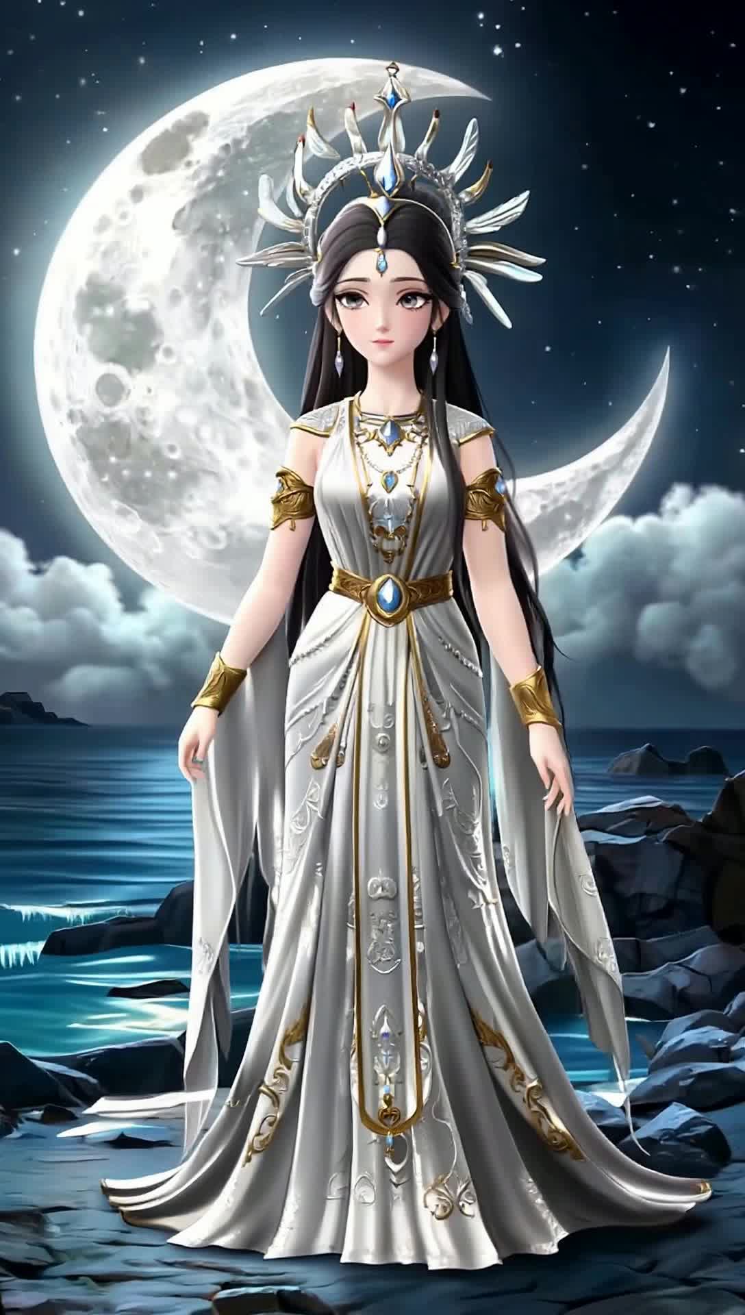 selene the greek moon goddess is beautiful with a crescent moon crown and silver gown being lit up by moon light