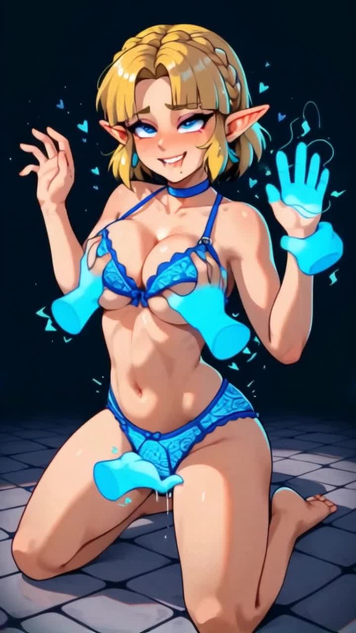 a beautiful woman Zelda using a magical spell to control multiple magical disembodied floating glowing hands that are grabbing her squishy chest holding her and stimulating her, moaning 