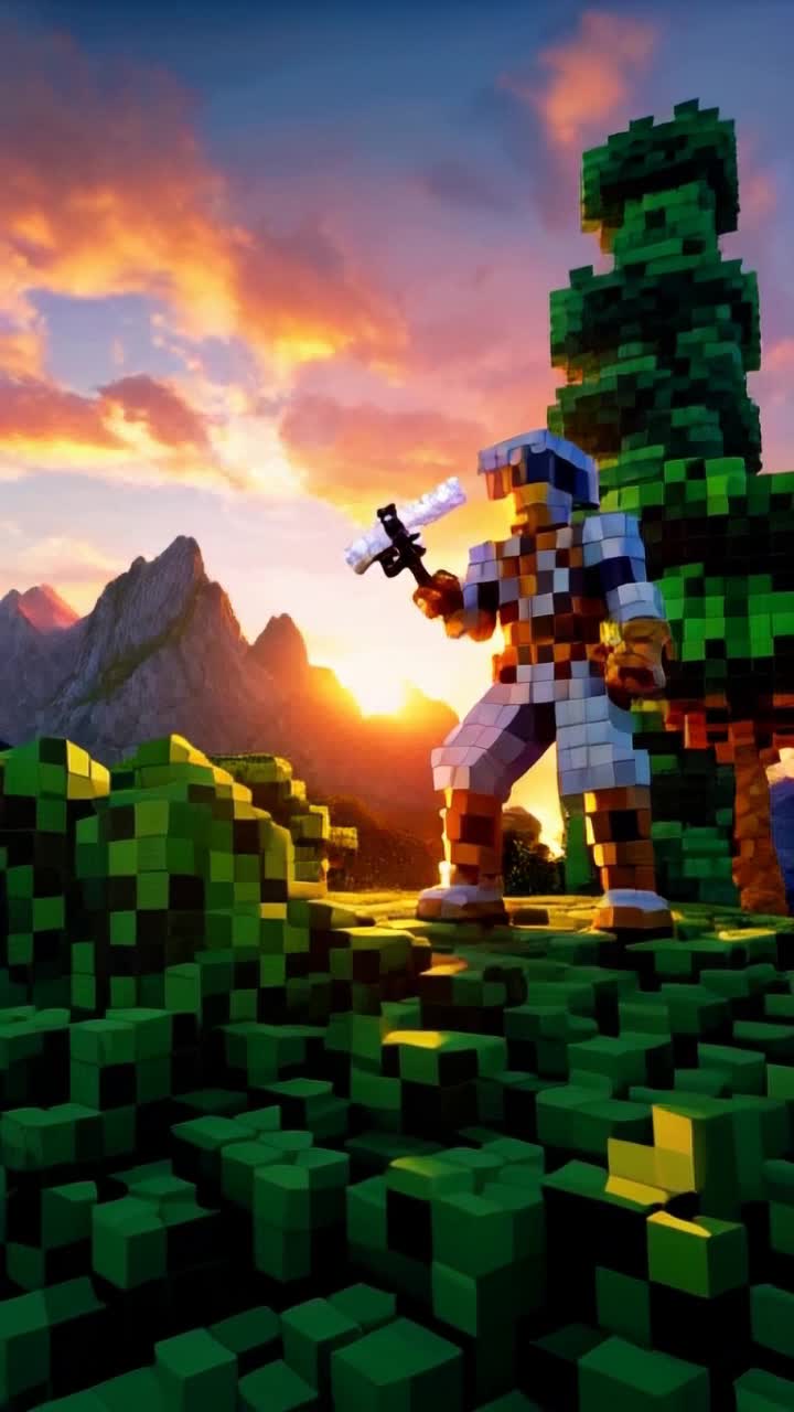 Emeraldgreen creeper pulsating with electric energy towering beside pixelated hero in gleaming armor gripping diamond sword poised for battle Dynamic explosion erupting sending vibrant particles soaring in dazzling burst of colors cascading like digital fireworks Lush blocky landscape filled with towering trees swaying gently under breathtaking sunset casting warm golden glow over entire scene Majestic mountains rising sharply on horizon creating epic adventure tableau bursting with anticipation and excitement