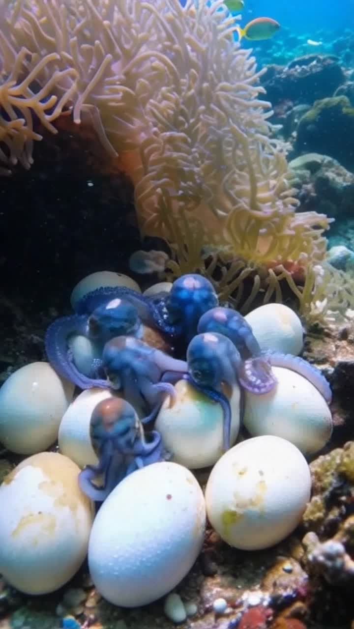 Delicate baby blue ring octopuses emerging from shimmering translucent eggs vibrant coral reefs bursting with colors and textures colorful fish darting gracefully through currents swaying seaweed dances in rhythm with gentle underwater waves sunlight filters down illuminating hidden treasures vibrancy of marine life creates a dazzling spectacle octopuses exploring their new world with curious movements coral formations showcasing intricate patterns creating a breathtaking underwater paradise