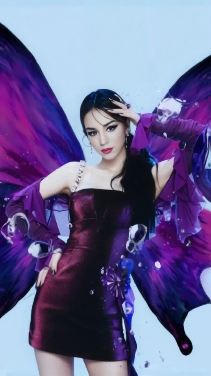 Stunning graceful woman draped in flowing vibrant purple gown adorned with intricate patterns shimmering under sunlight ethereal butterfly wings extending from her back fluttering gently in the breeze Dancing joyfully in a lush blooming garden filled with colorful flowers and soft green grass surrounded by softly swaying trees and a sparkling blue sky adding a magical atmosphere