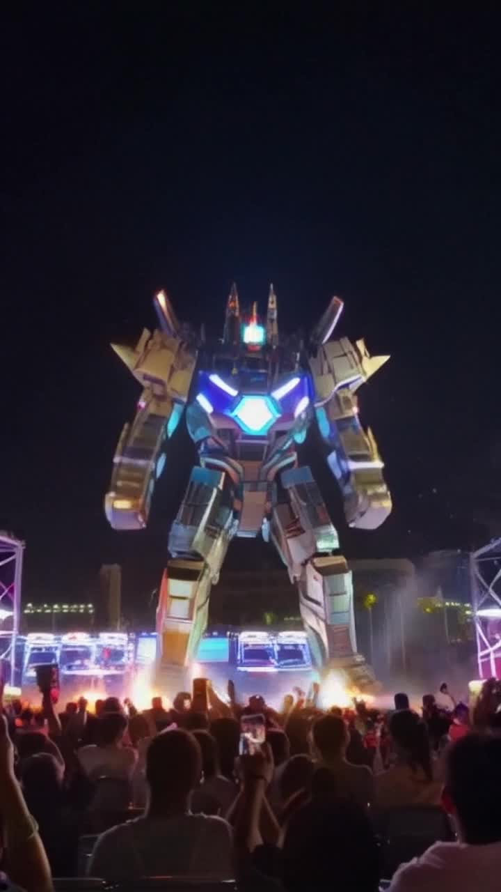 Giant metallic transformer with intricate details and glowing circuits unleashes barrage of powerful punches sending shockwaves rippling through ground thrilling ecstatic audience clad in vibrant outfits under pulsating neon lights dazzling reflections illuminating night sky electric atmosphere of excitement and anticipation