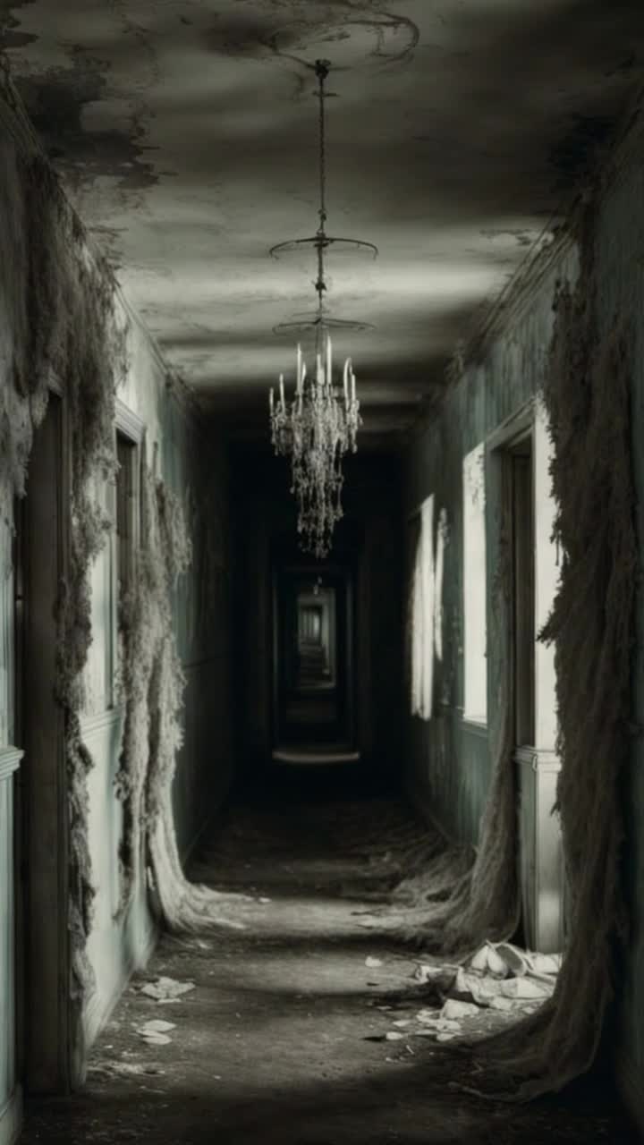 a tattered hallway steeped in decay, lined with faded portraits whose eyes seem to follow you Ghostly outlines at play blur at the edge of perceptionhands extended, inviting, or warning Light seeps in like memorydim, fractured, and cold