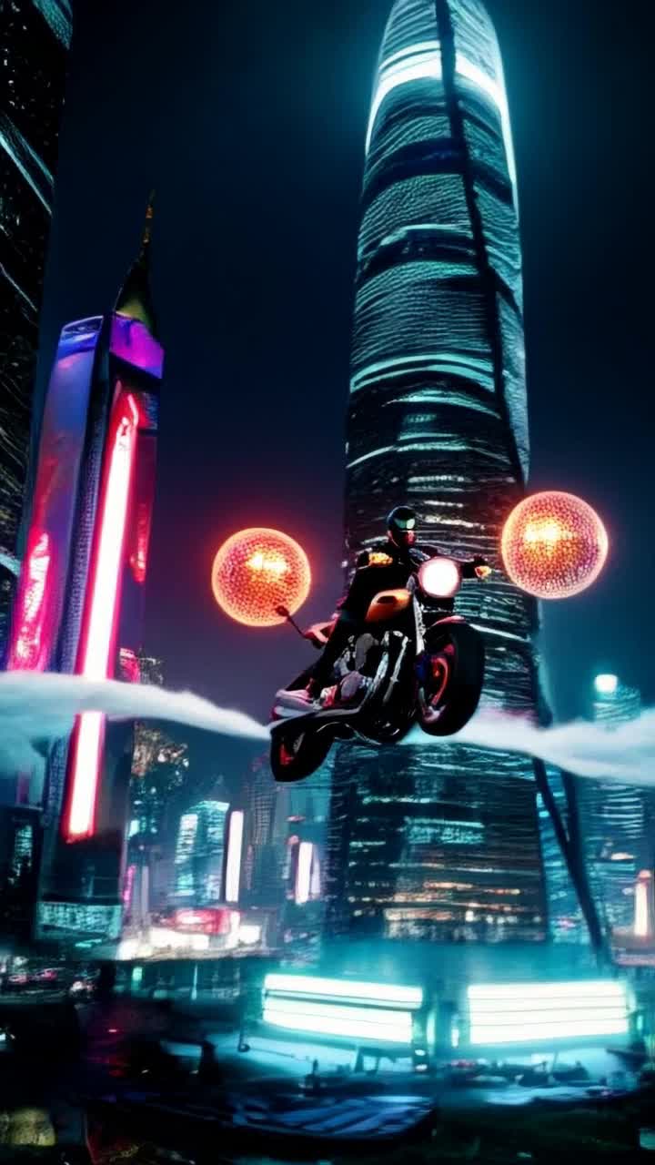 Futuristic motorcycle adorned with intricate filigree designs shimmering in golden and red hues cruising effortlessly through the air surrounding it two glowing spherical electromagnetic pulse generators levitating and propelling its speed rider dressed in sleek black attire with a dark visor helmet enhancing his mysterious presence soaring above a neonlit cityscape vibrant lights reflecting off polished surfaces creating a breathtaking contrast against the night sky force field bubble shimmering in ethereal colors protecting the rider as he navigates between towering skyscrapers racing towards the horizon