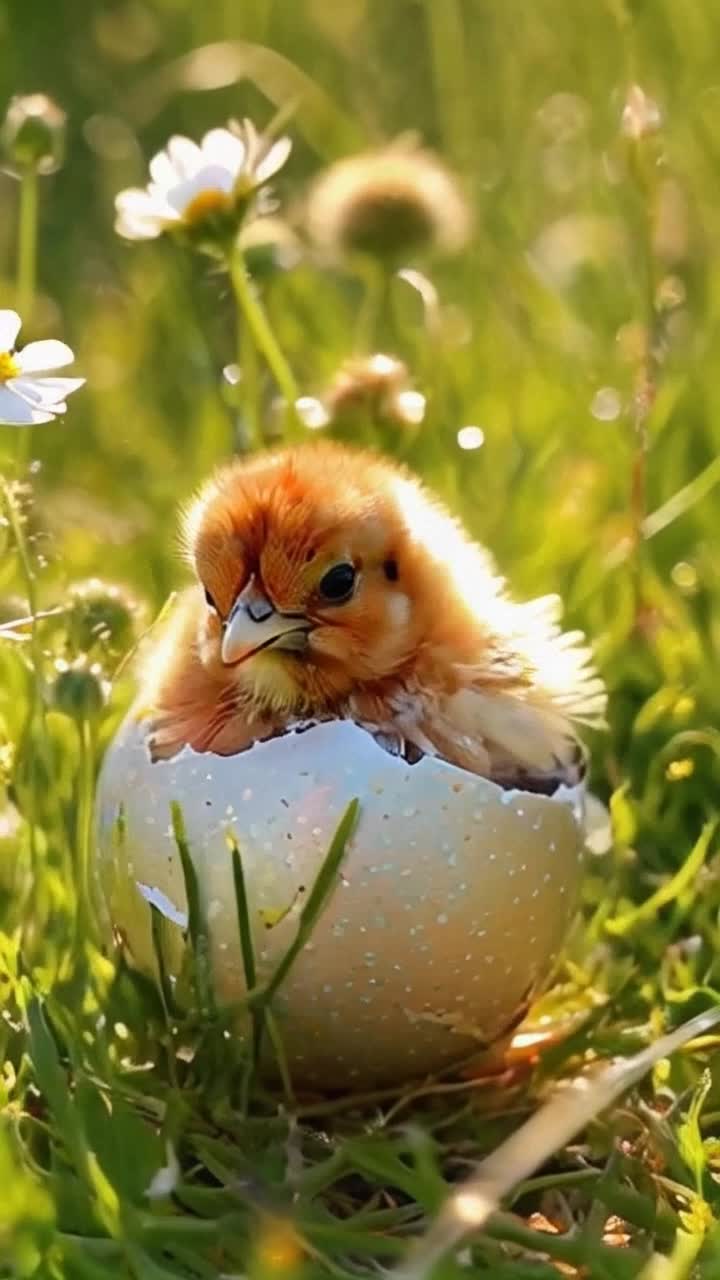 Vibrant multicolored egg with a shimmering shell nestled in soft meadow grass Splitting open reveals an adorable fluffy chick with downy feathers shaking off shell fragments Tiny wings flutter with excitement as it takes wobbly first steps Charm and innocence radiate from its bright eyes in lush sunlit meadow Dappled flowers sway gently alongside blades of grass dancing in warm breeze Golden sunlight bathes scene creating enchanting atmosphere filled with life Wonder fills every corner as nature comes alive around the curious chick