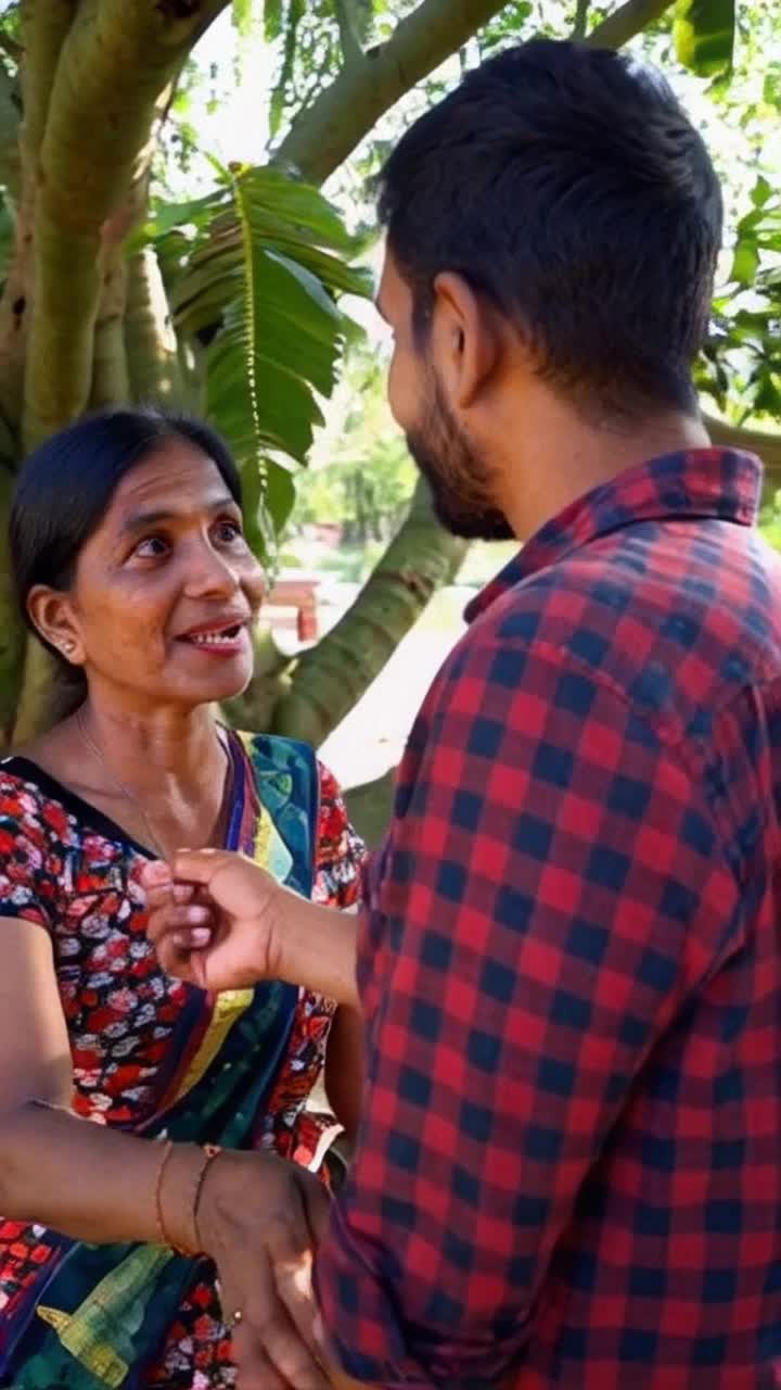 Malli aunty vibrant in floral saree her eyes sparkling with curiosity reaching out her hand toward baborao cozy in plaid shirt his face reflecting warmth and laughter sharing a heartfelt conversation under a lush green banyan tree sunlight filtering through leaves casting playful shadows on their joyous expressions