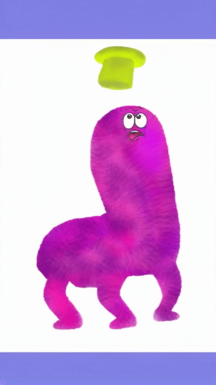 Vibrant purple critter playfully flipping a whimsical hat with excitement 