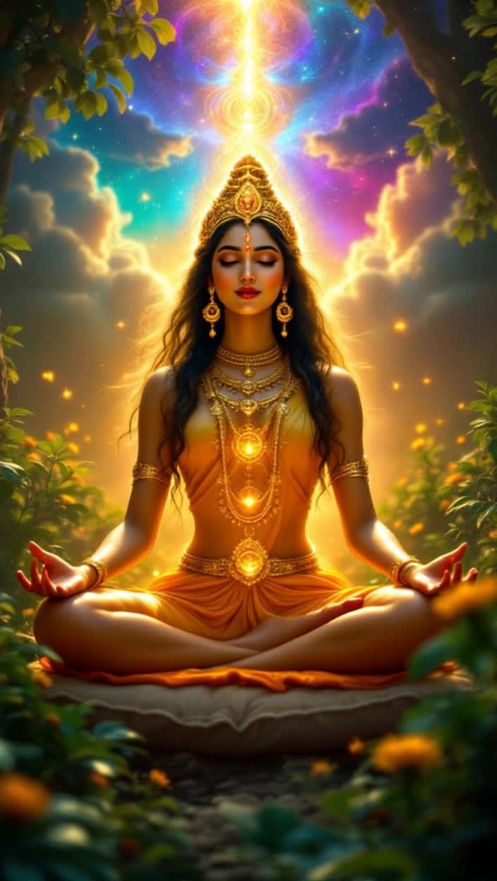 Goddess Katyayani seated in meditation surrounded by radiant golden light within a lush serene grove emanating tranquility She rises with divine grace showcasing her courage and strength The backdrop shifts to vibrant celestial realms as sage Katyayanas intense penance brings forth this powerful deity Dark clouds gather depicting Mahishasuras reign of terror as gods tremble in fear Suddenly