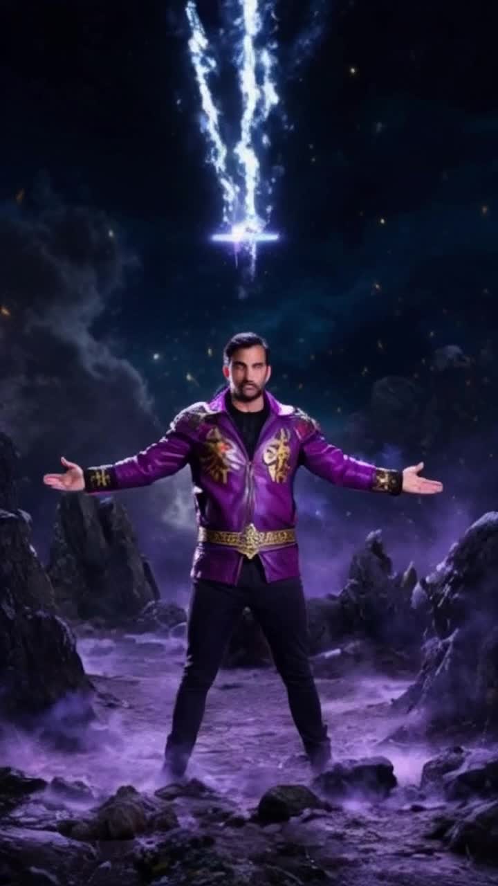 A dynamic and powerful Latino man, with dark hair and piercing eyes, standing tall in the center of a mystical battlefield He is adorned in a vibrant purple leather jacket that hugs his muscular frame, the material embossed with intricate golden symbols that dance with the flickering light of the surrounding supernatural fire His posture is strong and focused, one hand outstretched and palm open, from which a dazzling beam of energy swirls into existence This is the Celestial Blade, a spell of his own creation The blade, a majestic sword of pure starlight, takes form in midair, extending several feet from his fingertips and radiating a heavenly light