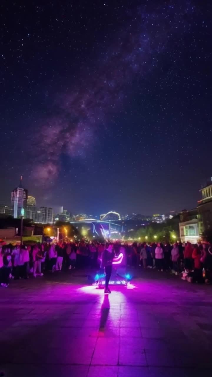 Dynamic beatboxer delivering an electrifying performance surrounded by vibrant neon lights pulsating in rhythm energetic crowd swaying and moving to the captivating soundwaves sprawling urban landscape under a starry night sky capturing the raw energy and creativity of street performance