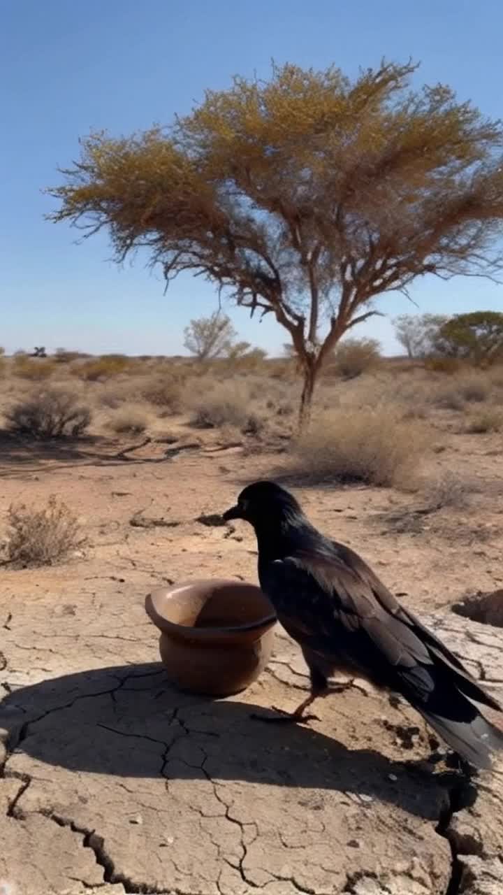 Thirsty crow with sunscorched feathers glides over arid landscape Searching fervently for water under a relentless sun Bright yellow rays reflecting off cracked earth and dry scrub Nearby a solitary tree provides fleeting shade Overwhelmed by heat the crows wings droop closely to its body Spying a forgotten clay pitcher nestled under the trees branches Swooping down with renewed hope eager to reach cool water Peering inside and realizing the liquid is just out of reach Dropping beside the pitcher feathers ruffled in despair contemplating its next move