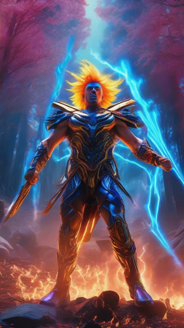Chosen warrior from the 7th dimension illuminated by vibrant neon hues Spiky hair radiating atomic blue energy Lunges forward with fierce determination Brandishing the powerful Atomic Saber of Archangel Michael Against a chaotic swarm of snarling demons with fiery eyes Cackling witches hovering menacingly in the air Twisted trees and jagged rocks surrounding the battleground Pulsating energy thrumming through the atmosphere A sky ablaze with swirling galaxies and shimmering stars Dramatic clash of light and dark enveloping the scene