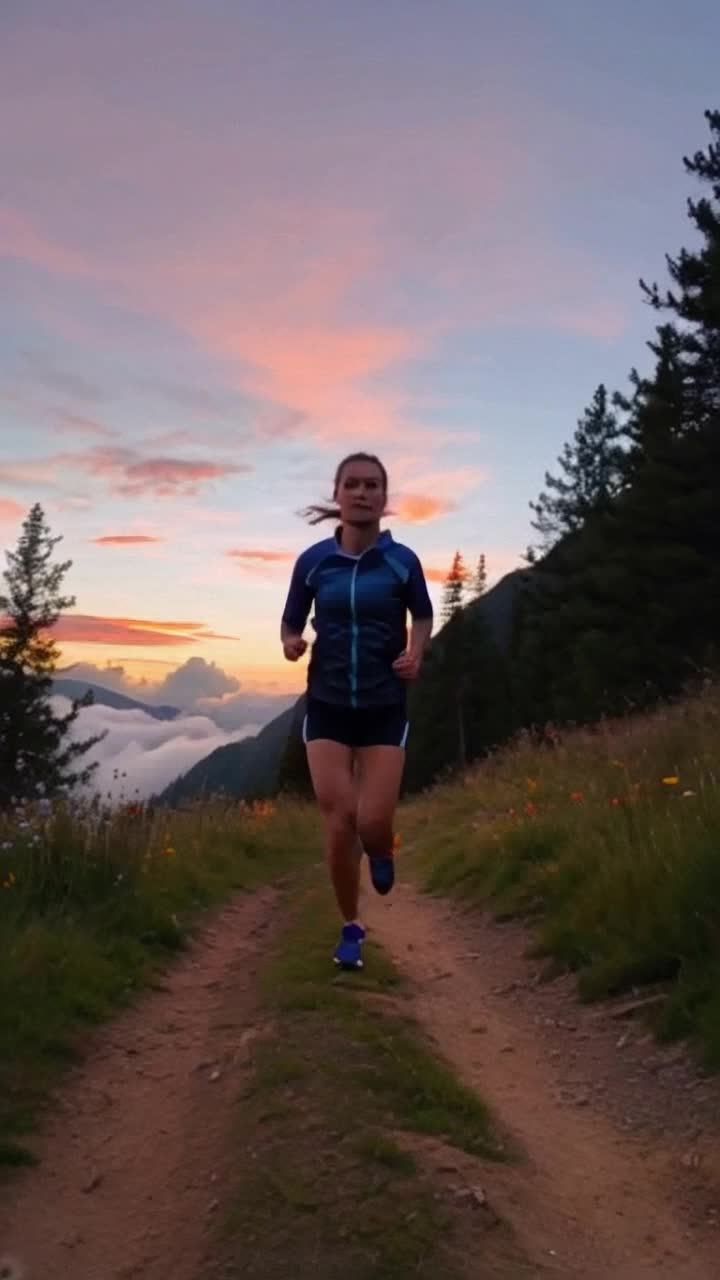 Young athlete with determination in her eyes sprinting with powerful strides across breathtaking mountain trail legs bursting with energy breath quickening as she pushes through exhaustion surrounded by majestic peaks kissed by the morning sun vibrant colors of dawn painting the sky wildflowers swaying gently in the breeze inspiring quote echoing in her mind heart racing harmonizing with nature's symphony