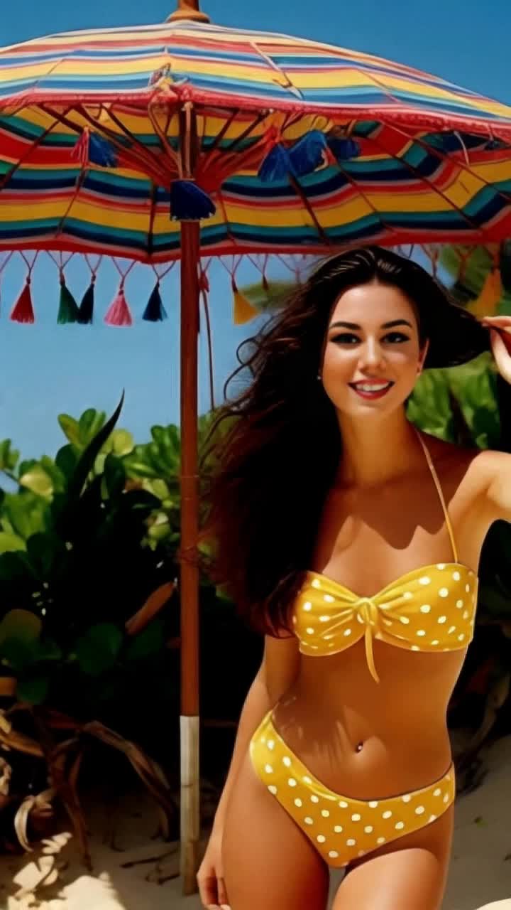 Elegant woman with flowing hair wearing a vibrant yellow polka dot Standing gracefully under a colorful umbrella with fabric fluttering in the soft breeze Sunlit beach with gentle waves lapping at the shore creating a serene atmosphere Seashells scattered in the sand glistening as sunlight dances across the waters surface