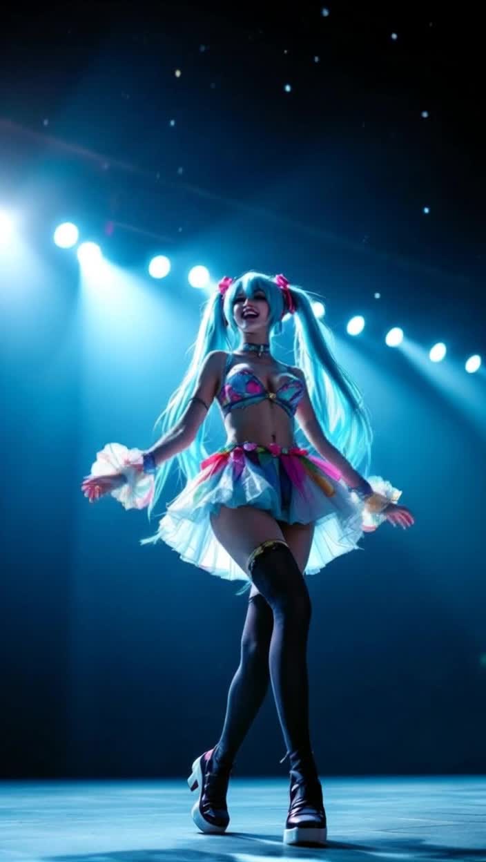 Hatsune Miku cheerfully dancing on an outdoor stage at night, she is being illuminated by spotlights that that shine down on her from out of frame, and she is wearing a colorful idol outfit, the camera captures her dance at a low angle from the audience, as if the viewer is taking the role as an audience member watching from  the first row