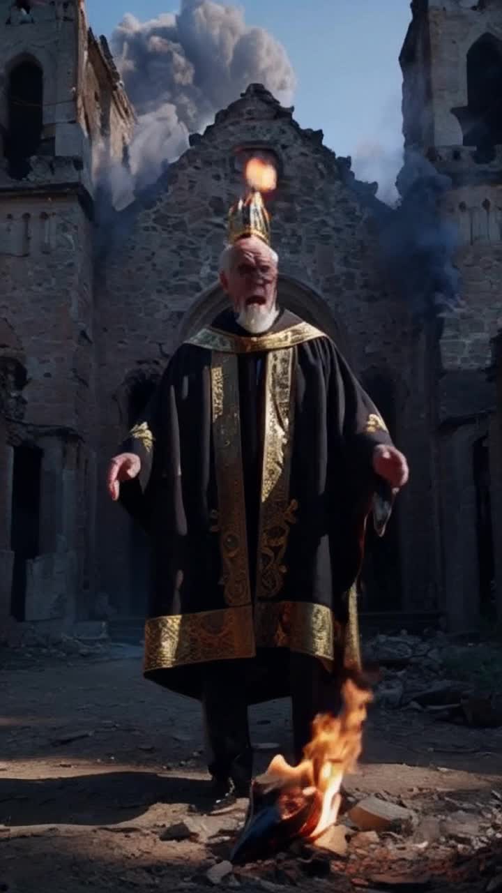 Old man wearing luxurious satin robe shimmering white adorned with intricate gold fish motifs wearing cleric fish hat resembling papal tiara recoiling in disgust as his human face falls to reveal a spinning flame, he stomps on the mask face on the ground  Collapsing church looming ominously behind him crumbles under unseen pressure, covering the old man in darkness swirling overhead  Rays of ominous light piercing through crumbled walls echoes of whispers filling the air tension palpable as shadows dance around fallen structure as orange flames engulf what was used for unnatural doings    