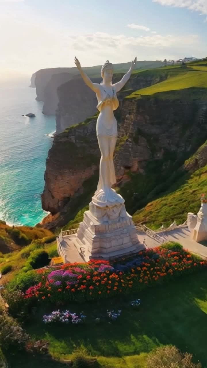 Stunning intricately carved statue of Greek Goddess Aphrodite radiating elegance and grace emanating soft ethereal light captivating viewers gazing in awe standing atop a lush verdant hillside adorned with vibrant wildflowers swaying gently in a warm Mediterranean breeze framed by dramatic cliffs overlooking a sparkling azure sea surrounded by golden hues of a setting sun casting long shadows creating a serene enchanting atmosphere inviting exploration and admiration