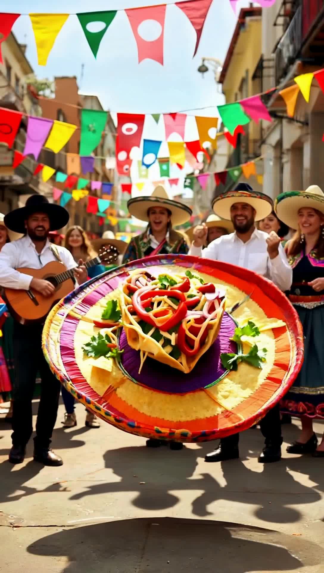 Colorful nacho tortilla sombrero adorned with spicy toppings twirls gracefully in midair Bright festive backdrop of a lively Mexican street fiesta filled with vibrant papel picado banners and cheerful mariachis playing lively tunes Warm sunlight casting playful shadows on lively crowd enjoying delicious treats