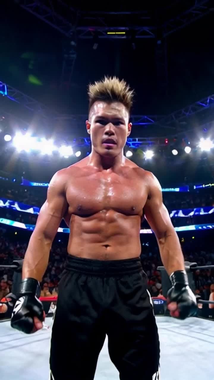 Battle-scarred champion radiating strength with spiky hair ignited in atomic blue energy Surging into neon-lit arena with fierce determination Amidst pulsating lights and electrifying atmosphere infused with anticipation