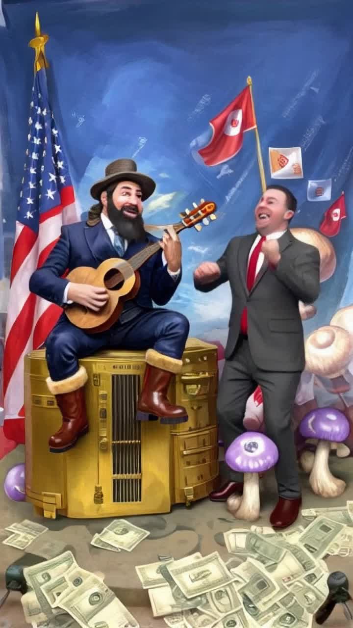  A highly detailed digital painting in the style of chibi art Vladimir Putin, dressed as a mischievous imp, wearing felt boots and a hat with a hat, plays a traditional Russian balalaika while sitting on a golden safe Next to him, Donald Trump is dancing a wild, joyful squat dance, with an extremely happy expression, under Russian flags, in a surreal landscape filled with huge mushrooms, coins, and bank notes Cartoonish chibiart proportions, bright colors, hyperrealistic textures with whimsical fantasy details Add dynamics and ironic humor