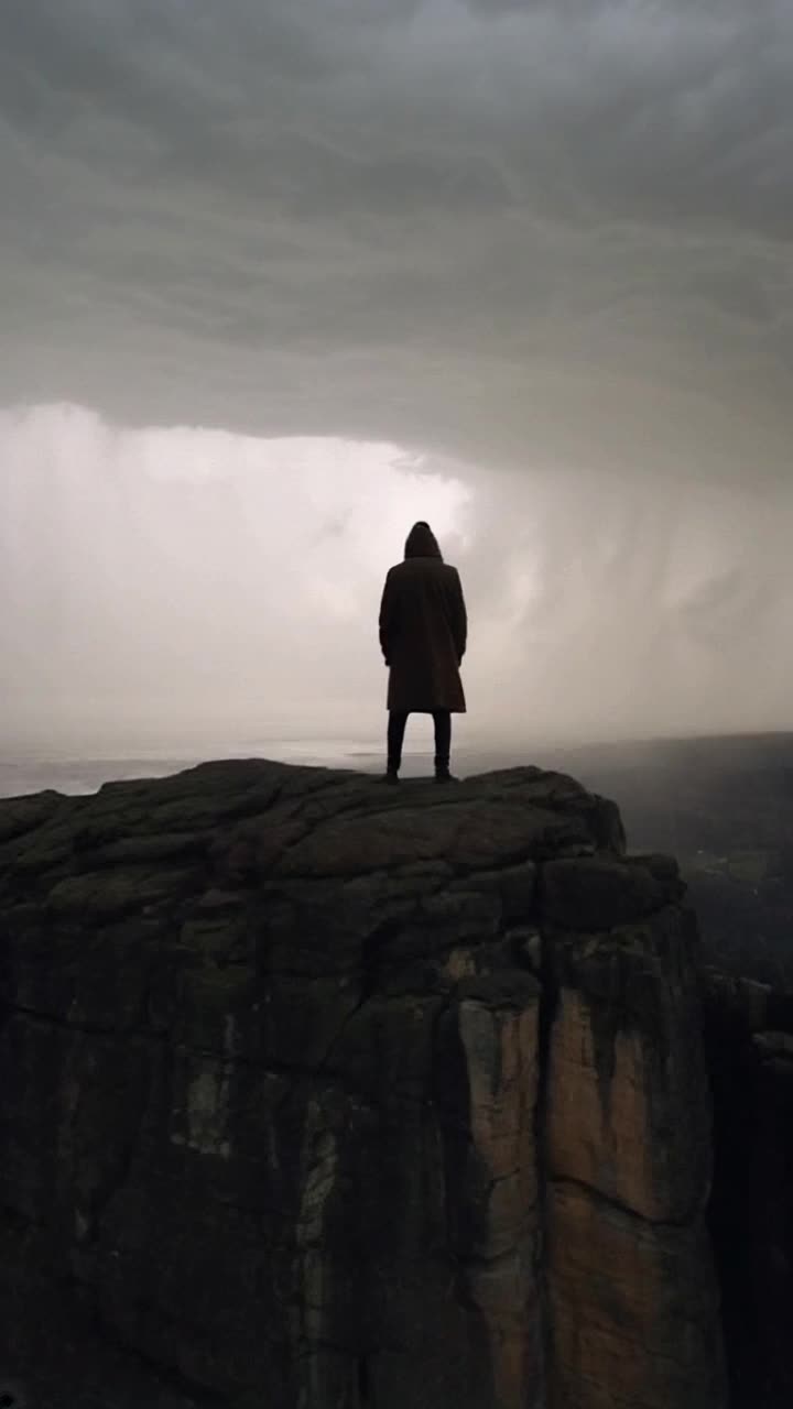 A slowmotion cinematic sequence of a lone figure standing on the edge of a stormy cliff at twilight, wind whipping their coat, rain splashing against their face, as lightning cracks in the distance The camera circles dramatically, shifting from wide shots of the raging ocean to closeups of intense eyes filled with determination Deep, atmospheric colors with moody lighting, epic orchestral music building to a climax