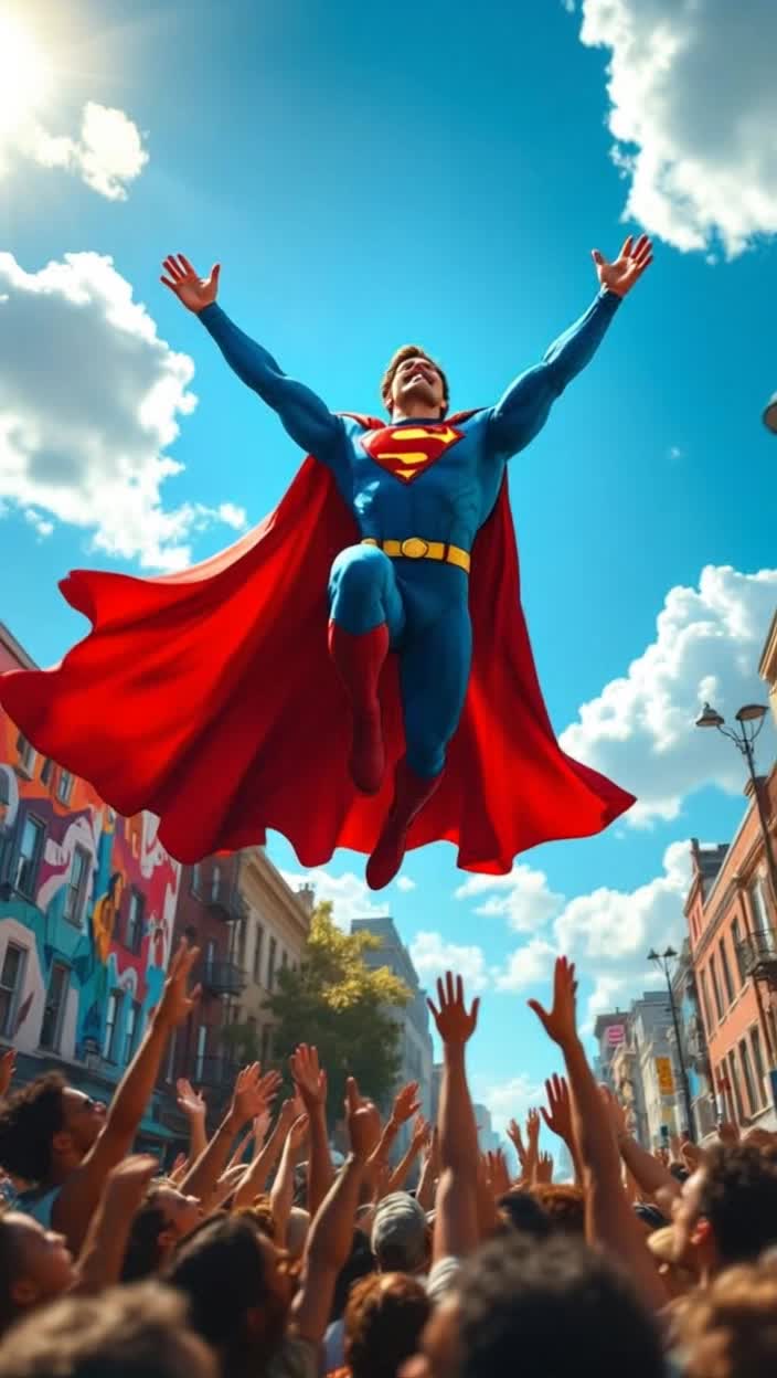 Vibrant superhero soaring through sky cape billowing reflecting sunlight warmth emanating from smile diverse crowd below gazing upward faces filled with hope and admiration raising hands in unity showing courage and strength as they uplift each other together powerful bond formed beneath him cityscape in background bustling streets colorful murals depicting community stories blending with clouds overhead creating an atmosphere of inspiration and resilience