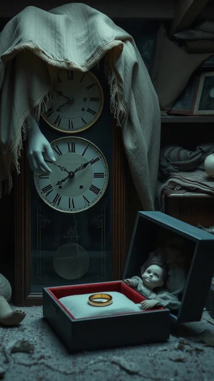 A dustchoked attic filled with forgotten belongingsan overturned toy chest spilling faded dolls and wooden blocks, a music box with a cracked porcelain ballerina, and an old grandfather clock stopped forever at 313 A single gold ring sits in a velvetlined box, tarnished with age The light from the attic window filters through grime, casting elongated shadows Amidst the clutter, a ghostly hand reaches from beneath a blanket of cobwebs to press lightly on the broken clocks face The air is chargedsomething ancient has stirred, summoned by sorrow stitched into the very objects once loved Gothic, melancholic, and deeply symbolic