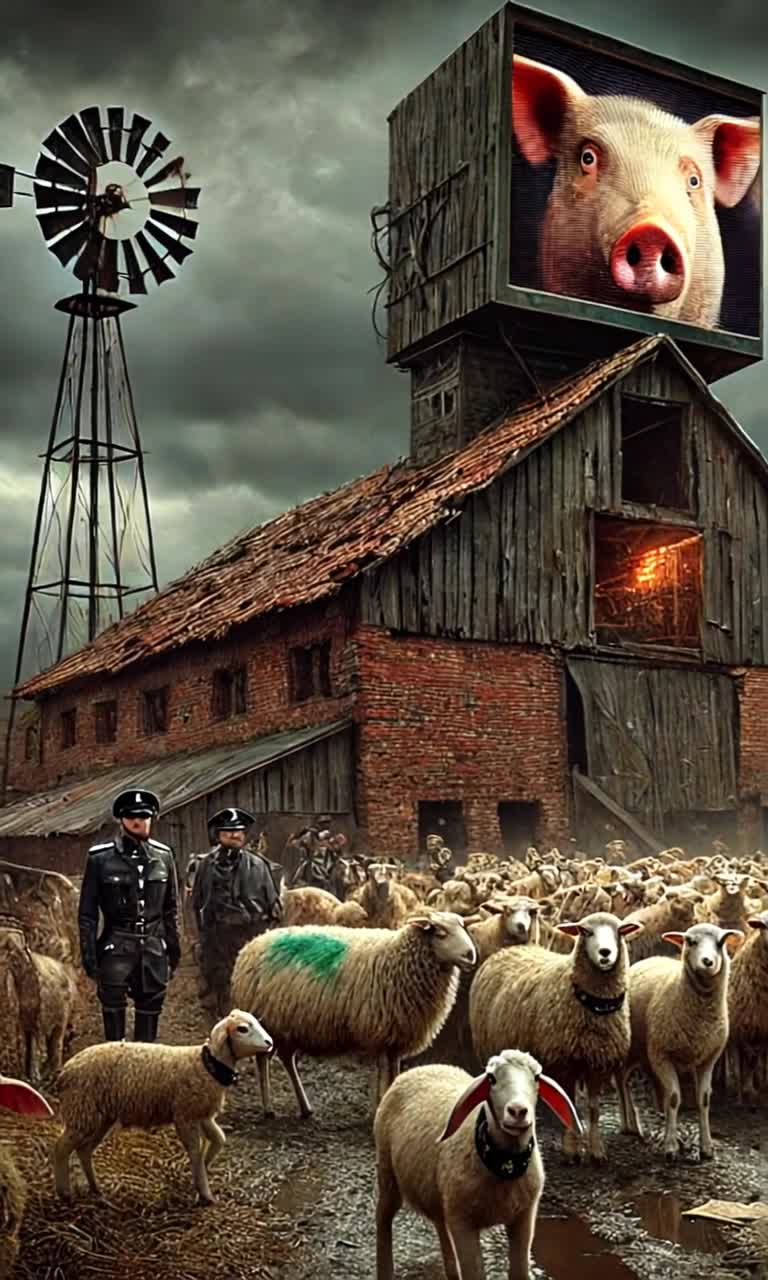 Animals in worn harnesses breathe clouds of vapor in morning chill  Winston the weary horse shifts cart weight eyes flicking to tension across yard  Clover the goat clutches tattered paper containing forbidden words  Old windmill ruins loom in backdrop as shadows gather ominously  Whispers of doubt ripple among animals as telescreen flickers illuminates scene  Metallic click echoes signaling danger fear thickens air  Sudden loud voice announces thoughtcrime as red lights flash  Animal Police dogs unleash from lurking spots sleek collars glimmer in gray light  Farmyard shrinks chaos swells dread simmers as silence descends