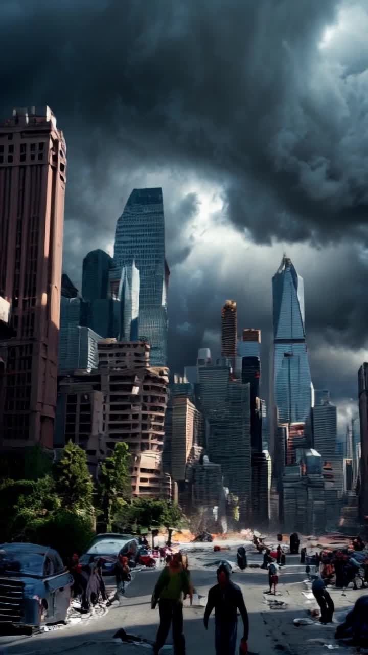 Colossal mutant ants swarming with menacing intensity wreaking havoc in Seattles skyline  Towering skyscrapers crumble as terrified citizens flee in chaos and desperation  Dark storm clouds gather above creating an ominous backdrop illuminated by sporadic lightning