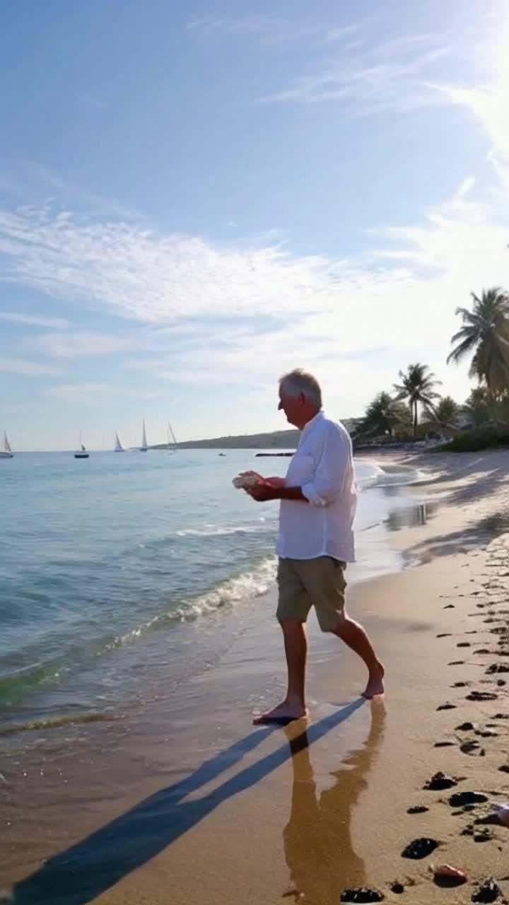 Middleaged man with saltandpepper hair dressed in a loose white shirt and khaki shorts strolling barefoot along a sunkissed shoreline collecting seashells in his hands Gentle waves lap at his feet creating a rhythmic melody as he pauses to gaze at the horizon Warm golden sunlight casts a serene glow across the tranquil seascape dotted with distant sailboats Lush palm trees sway softly in the ocean breeze framing the picturesque scene Wisps of clouds linger overhead as seagulls glide gracefully above Sand sparkles underfoot creating a peaceful atmosphere inviting reflection and relaxation