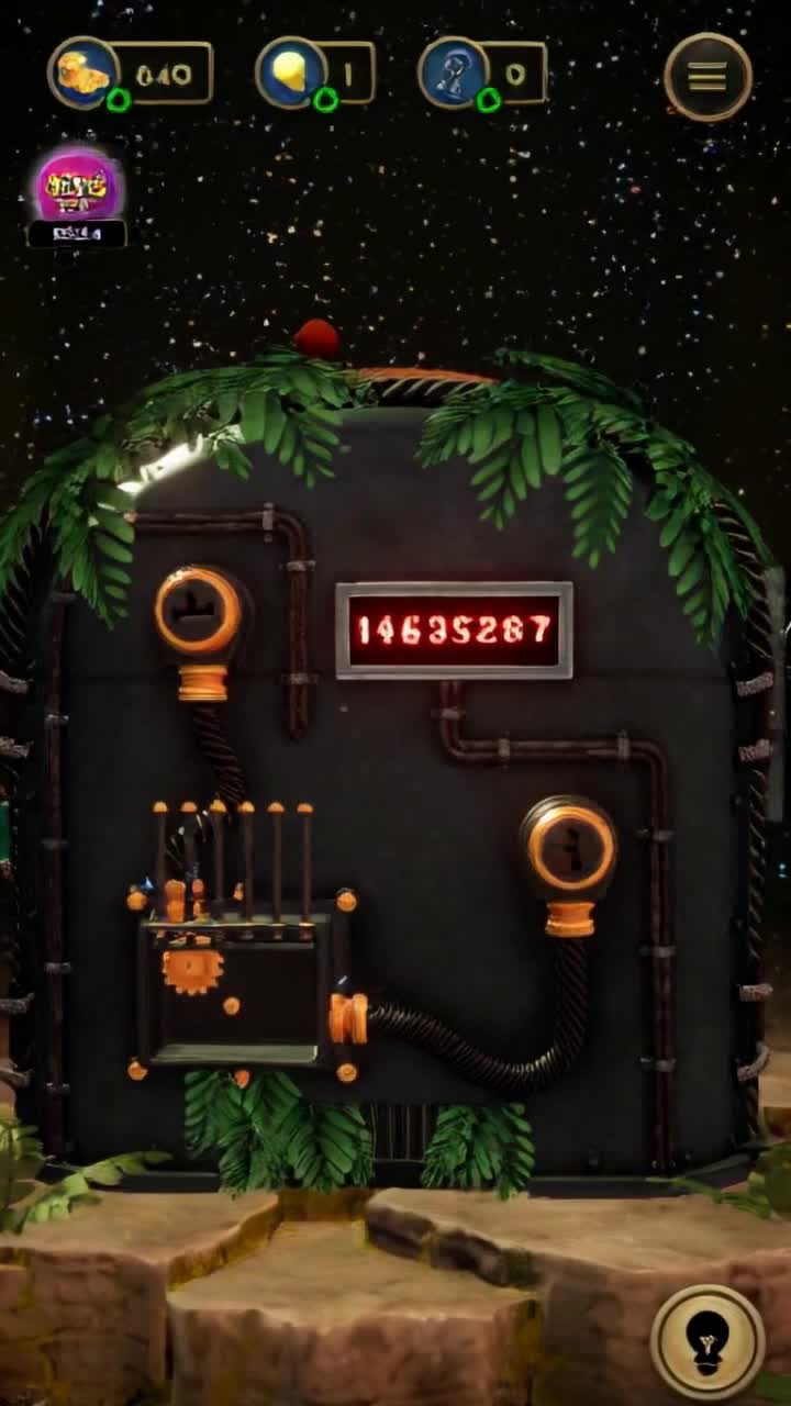A mysterious, futuristic machine is centered within a starry space background The structure is dark metallic, adorned with lush green palm leaves Displayed prominently on the front is a glowing red digital counter reading 14635287 Below, a series of pipes and gears are visible, with various control mechanisms, including a lever and a dial In the foreground, there are scattered items including cards and a glowing ball At the top, an interface shows icons for coins, light bulbs, and keys, along with a timer and a promotional badge indicating a discount