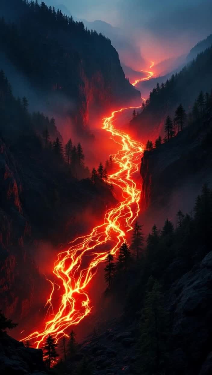 Panning across lakes of fire, streaming down a dark forest mountainside