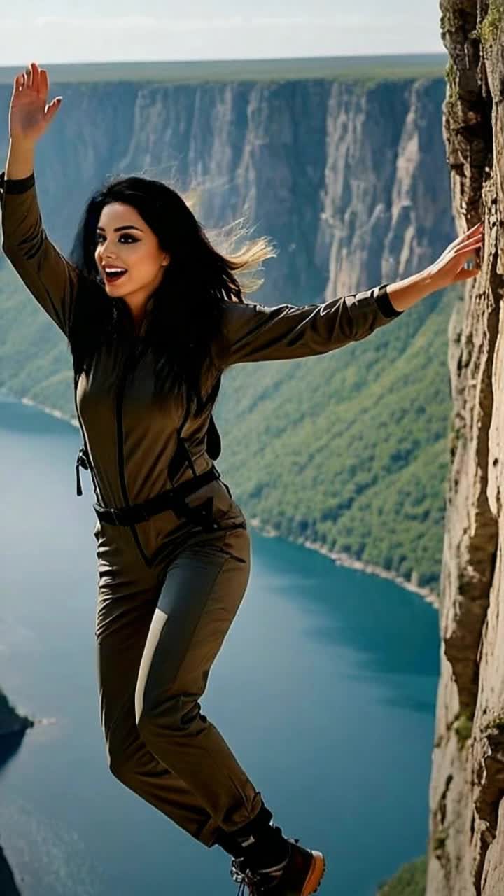 Stunning graceful woman rock climber wearing vibrant climbing gear skillfully traversing rocky cliffs with poise and determination Fierce sunlight illuminating her every movement as she leaps from one jagged rock to another Beneath her feet a shimmering river dances playfully over smooth stones reflecting the azure sky surrounded by lush green foliage rustling gently in the breeze