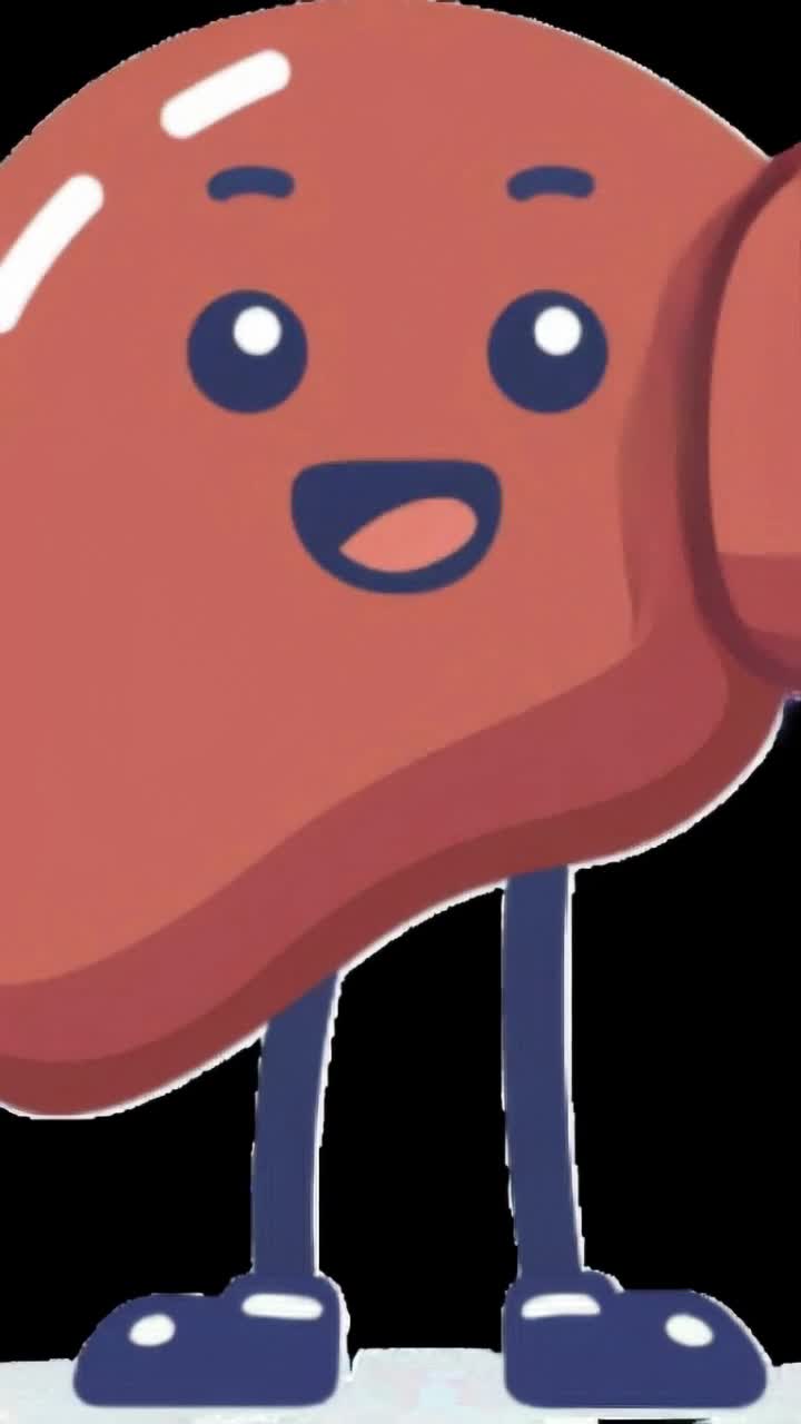 the character is a cartoon human organ with a somewhat bulbous asymmetrical shape and legs and arms and a face, create a 5 second video of the character standing next to a flowing red river, which represents the bloodstream, and using his two gloved hands to pour a bag of white sugar into the bloodstream, the organ should be looking at the camera while pouring the sugar, with a matter of fact expression on his face, the background should be a simple representation of tissue inside of the body, with no clear features