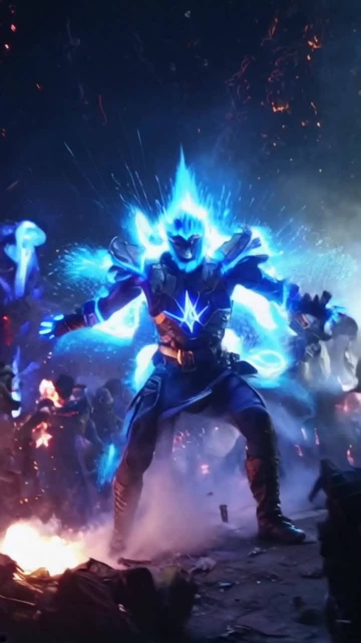 High vibrational warrior with spiky electric blue hair lunges forward with fierce determination radiating brilliant atomic blue energy that dances and crackles around him chaotic battlefield with swirling colors tumultuous energy blasts and shadowy figures clashing in dynamic motion vibrant lights illuminating fierce expressions of soldiers locked in combat