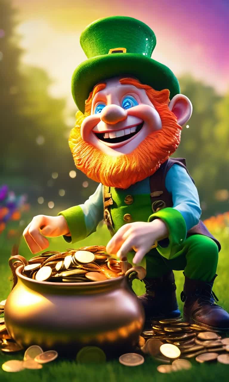 Whimsical leprechaun with twinkling eyes and a mischievous grin performing an energetic jig next to shimmering pot of gold overflowing with coins Radiant rainbow arching across the sky casting colorful reflections on lush green grass surrounded by wildflowers gently swaying in a playful breeze Soft sunlight illuminating the scene creating a magical atmosphere filled with laughter and joy