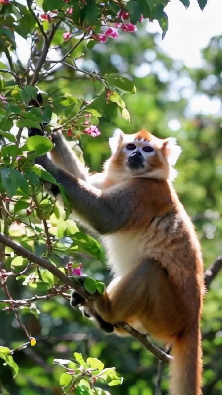 Whimsical capuchin monkey with feline features playfully swings from branch to branch showcasing its agile grace coat shimmering in sunlight Vibrant jungle canopy bursts with lush greens interspersed with colorful flowers exotic birds flit through vibrant foliage adding lively chatter to serene atmosphere