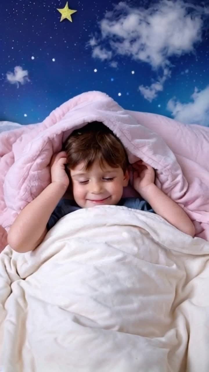 Five year old boy with cerebral palsy snuggles under bright colorful blankets as loving mom gently tucks him in He drifts into a whimsical dream taking flight soaring joyfully among soft cotton candy clouds feeling warm wind tousle his brown hair Laughter bubbles up as his face lights up with exuberant delight surrounded by a vibrant blue sky speckled with shimmering stars above Wings of imagination carry him higher while pastelcolored clouds float whimsically beside him creating a magical realm of wonder and endless joy
