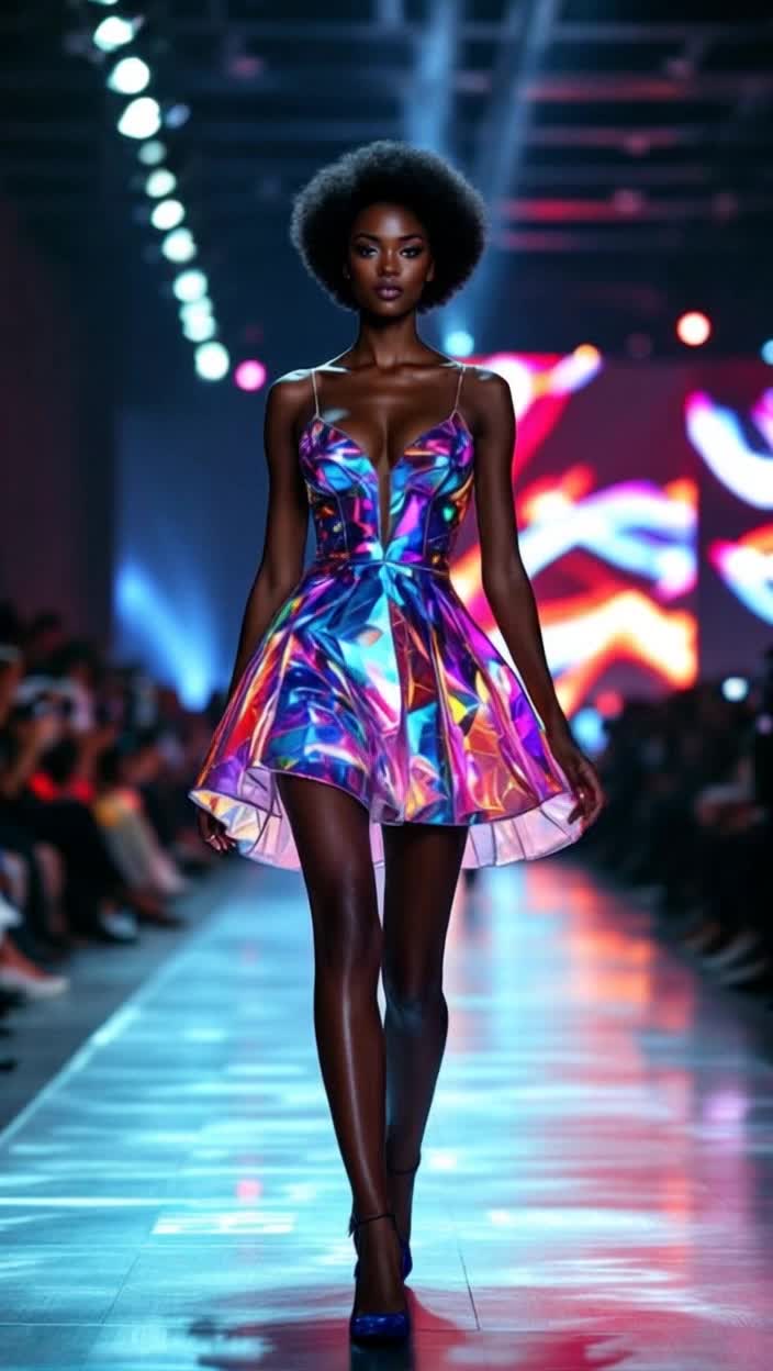 Beautiful black woman wearing a sleeveless iridescent glass dress, shory puffed out skirt, She is walking down a runway at a model event