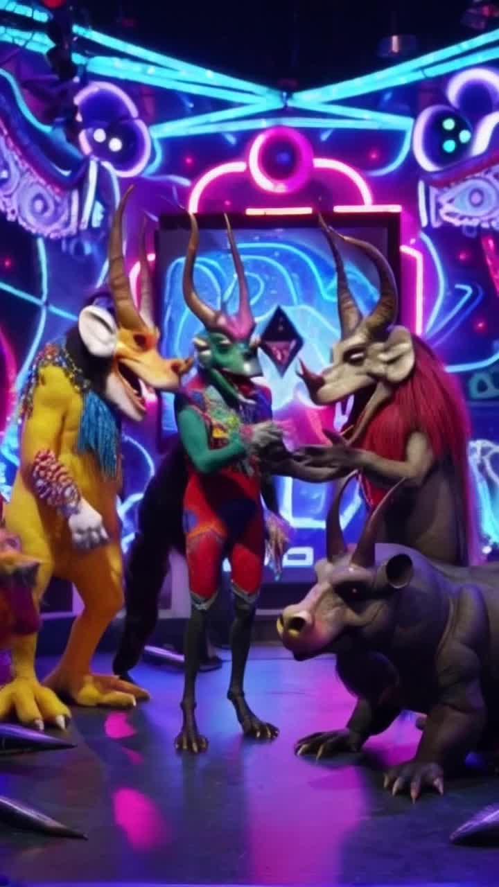 Grotesque creatures with drooping snouts twisted horns long tails adorned in vibrant mod 1960s attire collide in chaotic banter and laughter amidst zany psychedelic game show atmosphere Colorful oversized squares flash neon lights from a backdrop overflowing with psychedelic patterns rich in vibrant hues echoing vintage television sets Ridiculous challenges unfold as these bizarre contestants drool squabble and engage in comical displays of charm and horror capturing the absurdity of this parody
