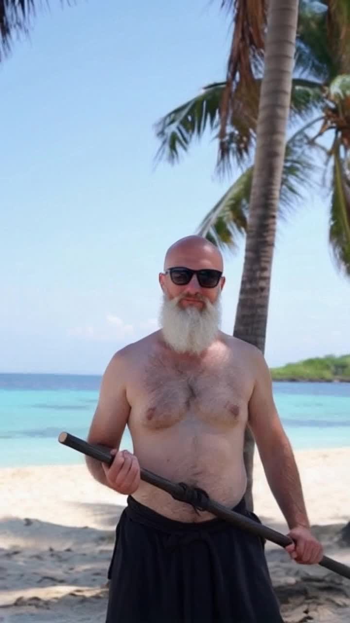 Ancient muscular master with sunkissed skin bald head flowing white beard wearing sunglasses traditional martial arts attire without shirt sporting shorts stands poised on sunlit beach surrounded by swaying palm trees crystal clear sea glistening in the sunlight expression joyful relaxed holding fighting staff ready for action in dynamic combat stance
