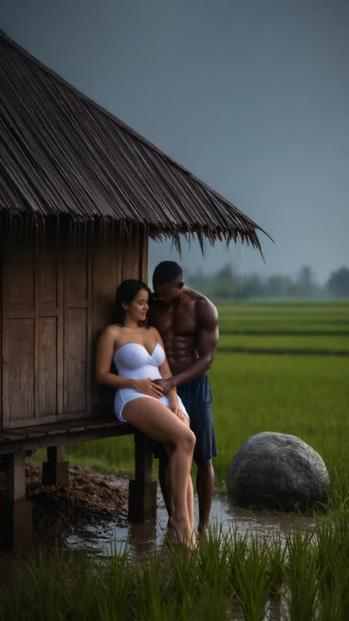 heavy rain, man massages woman gently