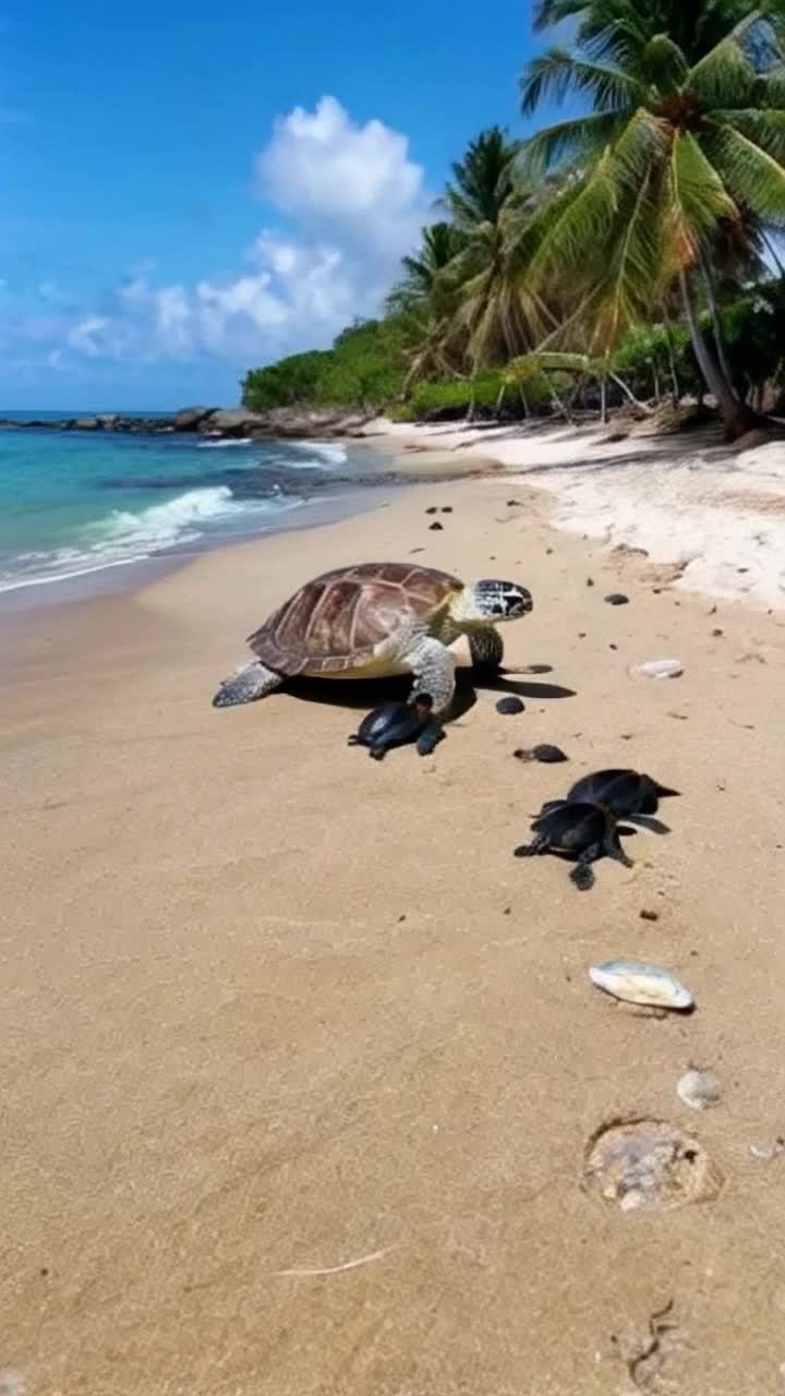 Parent sea turtles watch over their hatchlings as droves of baby sea turtles make their way from secluded palm trees of beach to ocean