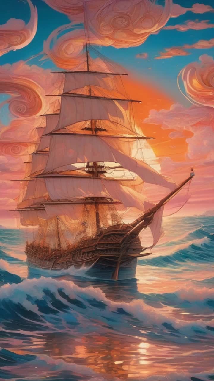 Majestic ship with billowing sails and intricate carvings Floating through the cerulean waves with graceful speed Underneath a sky painted in hues of orange and pink as the sun sets on the horizon sparkling reflections dancing on water