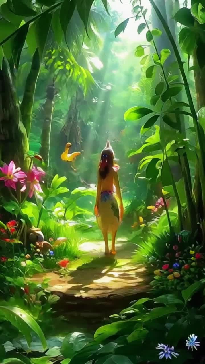 Jungle creatures in vibrant colors hundreds of tiny insects humming frogs croaking birds soaring high above Ellie standing tall surrounded by lush green foliage Action roaring voices harmonizing together filling the air with a symphony of encouragement invigorating Ellie with every note Background rich jungle canopy sunlight filtering through leaves creating a dance of shadows illuminating the scene vibrant flowers blooming all around adding bursts of color