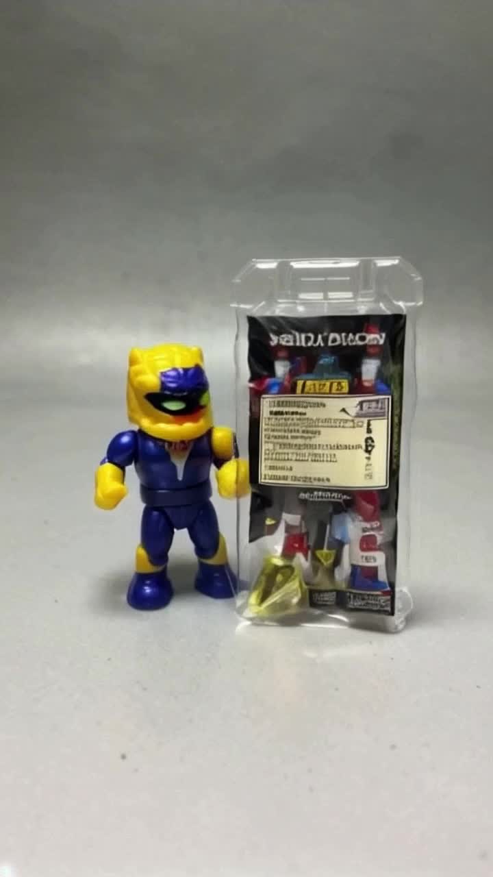 A military action figure is trapped inside his blisterpack and trying to escape by kicking and punching outwards, the blisterpack is labeled with text ACTION ANDY and also has the toy company logo 