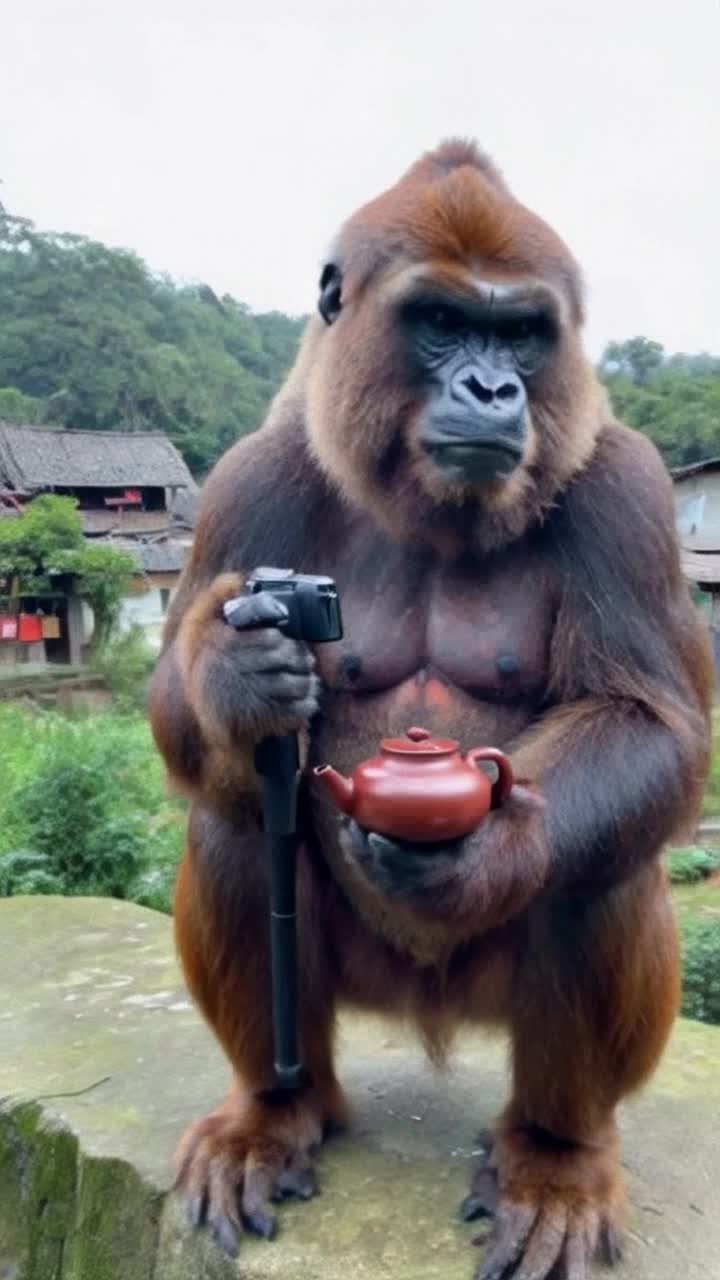 Ultraistic video of a gorilla with selfie stick camera wrangle from his hand talking about how great the village teapot is 